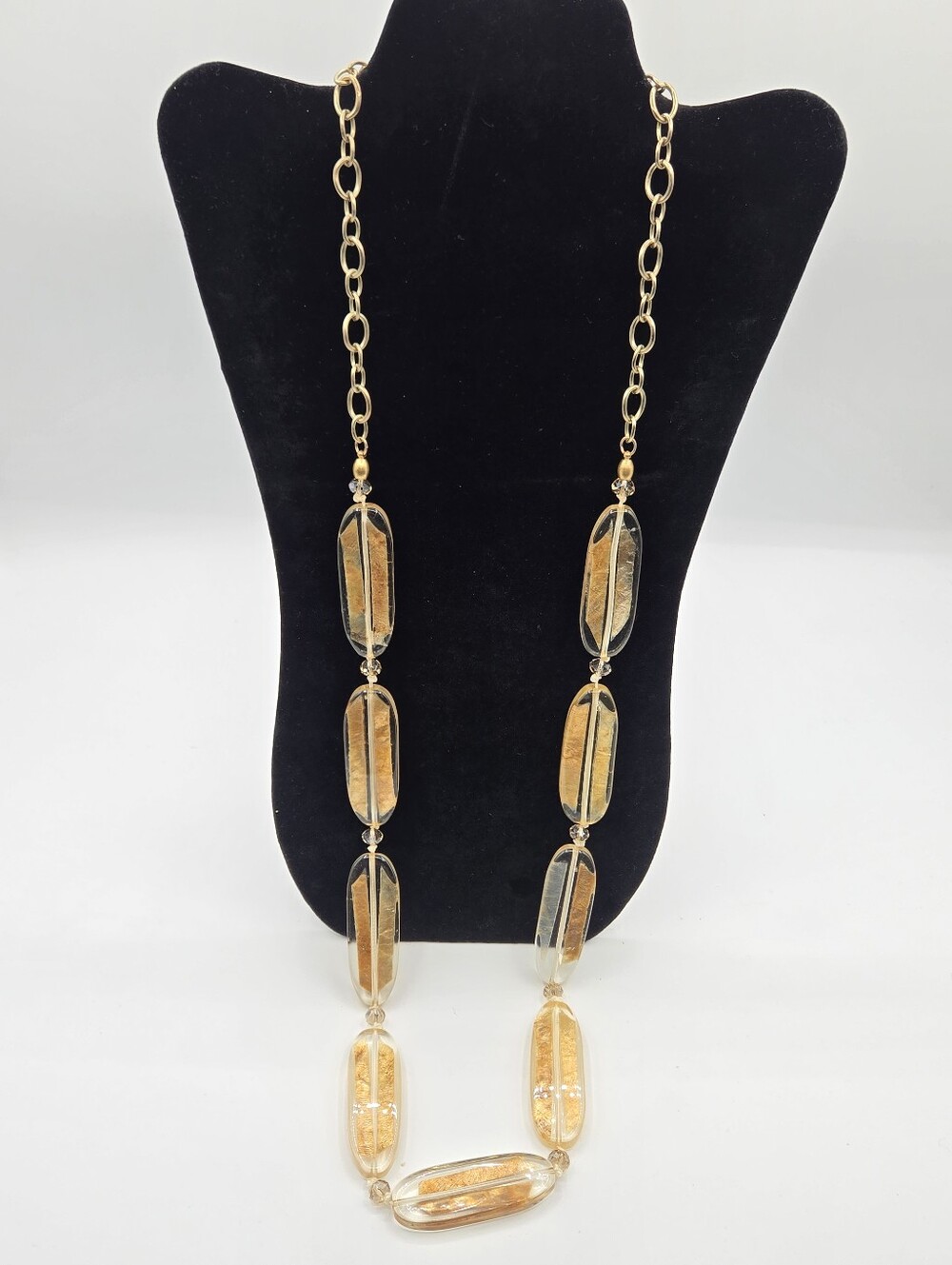 CHICO'S Vintage Long Statement Necklace Enamel Clear Gold Beads Gold Tone